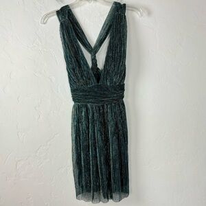 Lulus Dress Ailey Skater Teal Blue‎ Gold Twist Black Shimmer Metallic Knit Lined